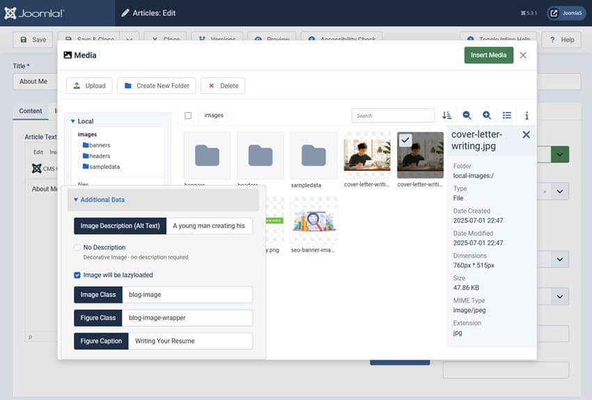 Screenshot showing the media manager from an article's editor for insertion