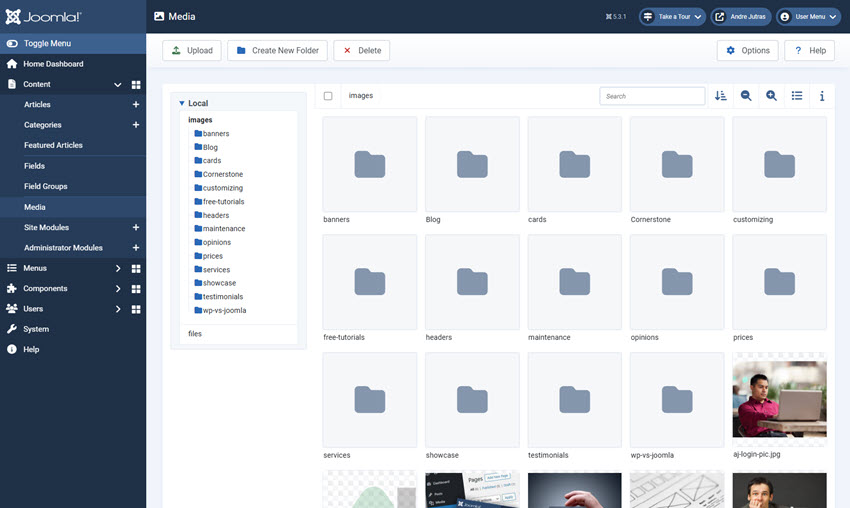 Screenshot showing the media manager and contents such as files and folders