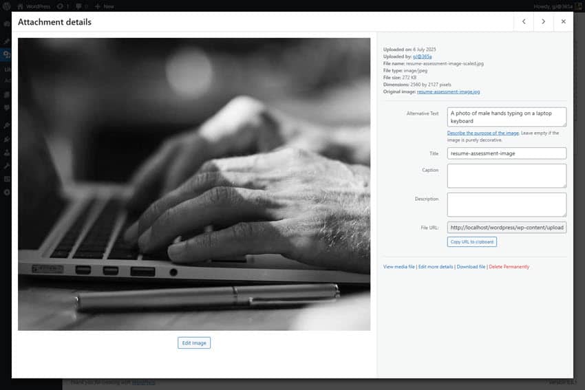 Screenshot showing an image opened in the WordPress Media Library for it's attributes